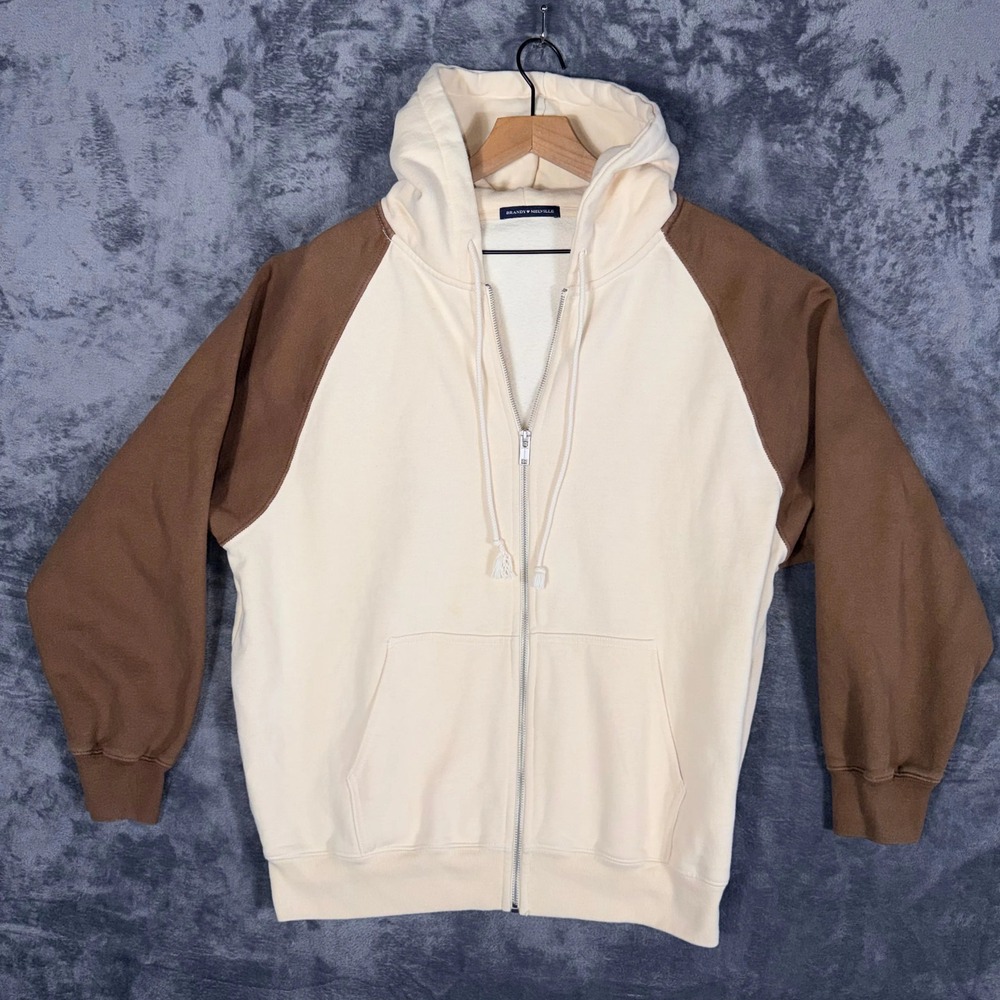 Brandy Melville Womens Full Zip Hoodie Brown Cream Raglan Sweatshirt‎